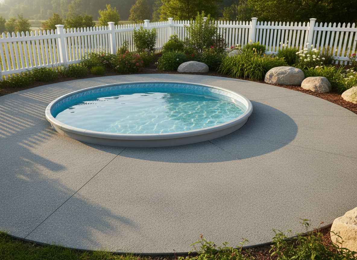 A medium-sized round plastic pool in fresh pale aqua, positioned atop an even gravel pad in a spacious, sunlit garden surrounded by picket fencing and aesthetic landscaping rocks. Early morning light creates a soft golden glow, causing subtle reflections on the water and gentle, elongated poolside shadows. The atmosphere is calm and peaceful, perfect for a family-friendly evening dip or quiet relaxation. The scene is composed with the pool slightly off-center, following the rule of thirds, and features a crisp, realistic style that conveys approachability and ease.
