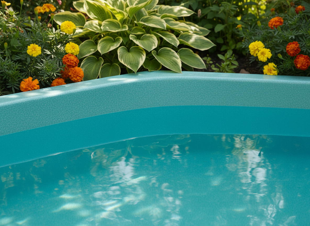 A close-up view of a textured teal plastic pool liner, showing the durable, lightly pebbled surface with water gently lapping against the reinforced sides. The setting is an intimate garden corner bordered by leafy hostas and vibrant marigolds, creating a cozy, lived-in atmosphere. Gentle afternoon light filters through nearby foliage, dappling the pool and casting serene patterns over the water. The mood is tranquil and reassuring, emphasizing quality and comfort. Captured at an eye-level angle with a shallow depth of field, the focus is on the liner’s detail while the background blurs softly, supporting an unfussy, modern aesthetic that highlights product craftsmanship.