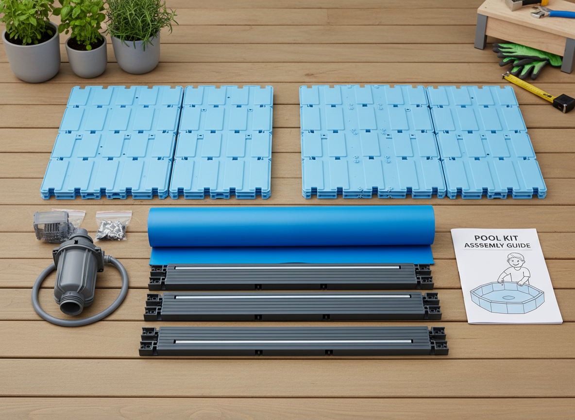 An exploded view showing a modular plastic pool kit, including neatly organized panels, reinforced supporting beams, a rolled-up liner, filter attachment, and simple instruction manual, all laid out on a wooden deck. The environment suggests an organized backyard workspace with potted herbs and tools in the background. Bright, diffused daylight illuminates every component clearly, emphasizing the simplicity and straightforward assembly process. The composition is top-down, with all elements in clear, sharp focus, imparting a practical, confidence-inspiring vibe in a clean, modern style to appeal to DIY-minded visitors.