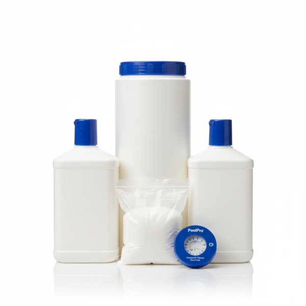 Professional product photography of PoolPro Chemical Starter Kit, Starter chemical kit for balanced, clean water from day one., Front view, clean white background, studio lighting, e-commerce product shot, photorealistic, high resolution --no text, words, letters, numbers, labels, watermarks, logos, captions, titles, subtitles, writing