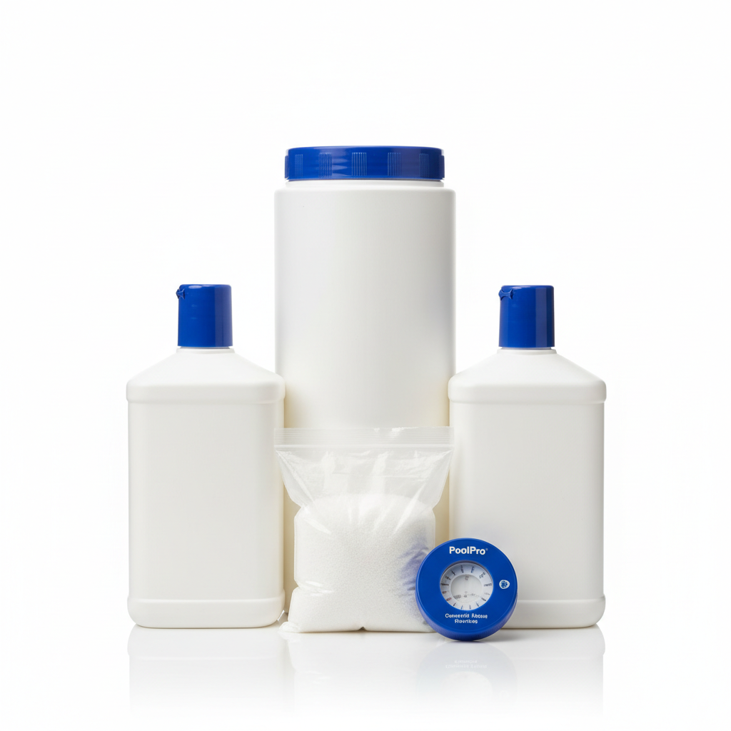 Professional product photography of PoolPro Chemical Starter Kit, Starter chemical kit for balanced, clean water from day one., Front view, clean white background, studio lighting, e-commerce product shot, photorealistic, high resolution --no text, words, letters, numbers, labels, watermarks, logos, captions, titles, subtitles, writing