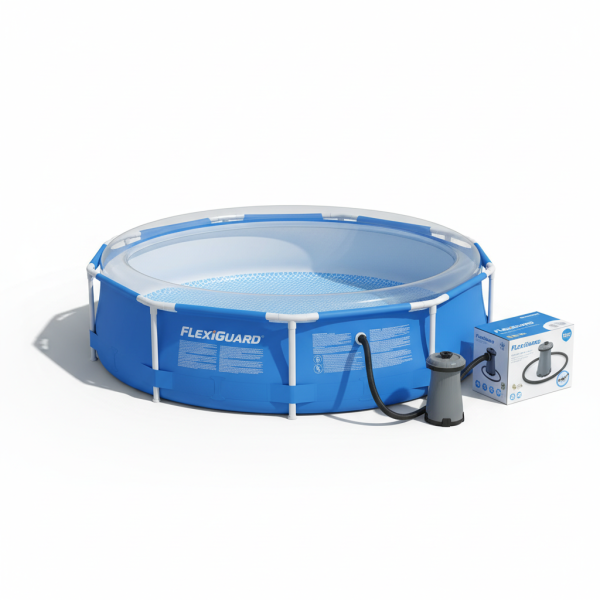 Professional product photography of FlexiGuard 9ft Round Pool with Pump, Compact round pool ideal for small yards and first-time pool owners., Front view, clean white background, studio lighting, e-commerce product shot, photorealistic, high resolution --no text, words, letters, numbers, labels, watermarks, logos, captions, titles, subtitles, writing